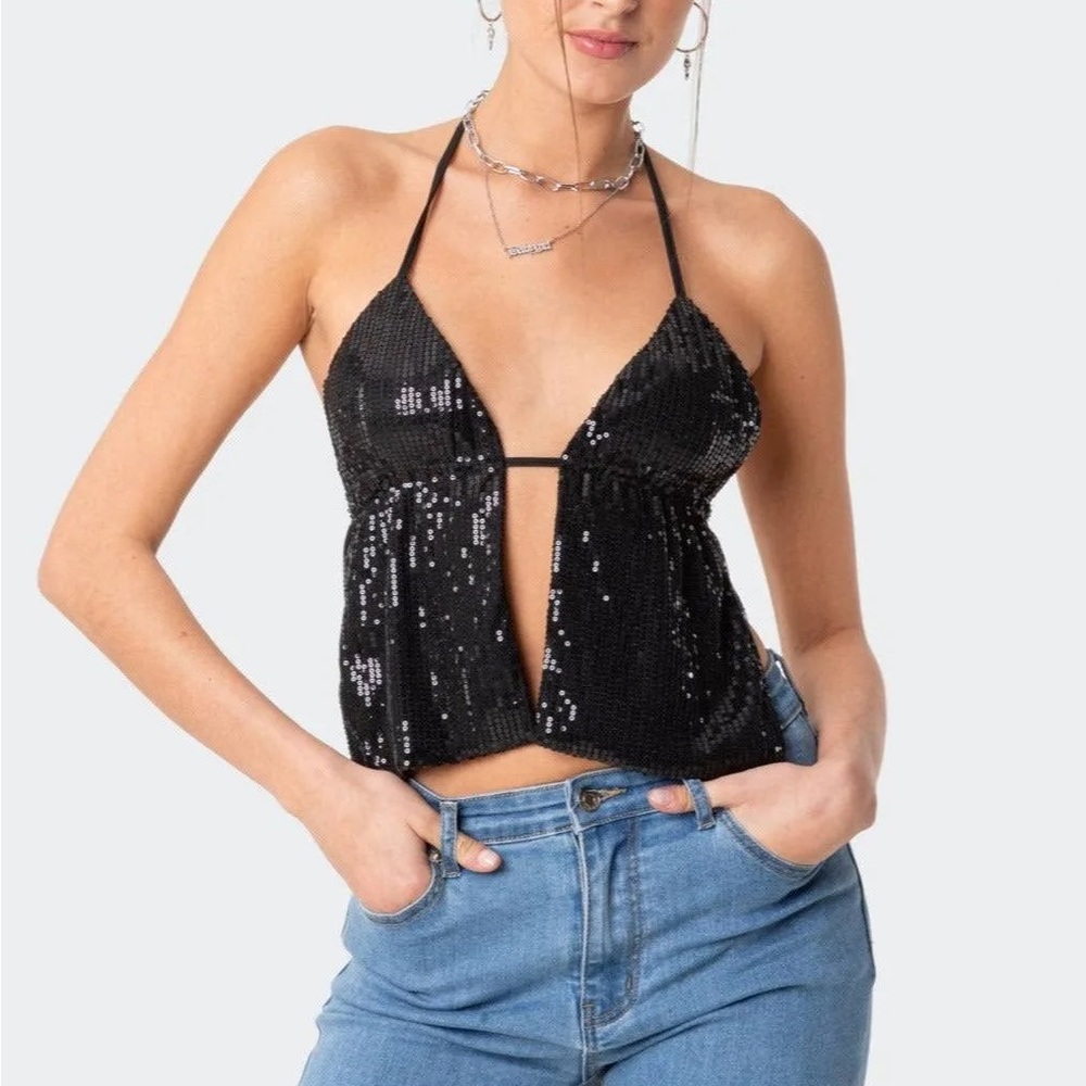 Edikted Estelle Open-Back Sequin Top, Size S